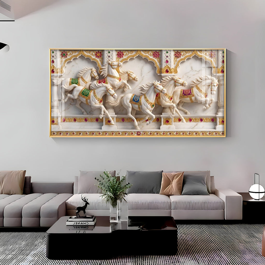 Seven White Horses Vastu Glass Finish Horizontal Wall Art