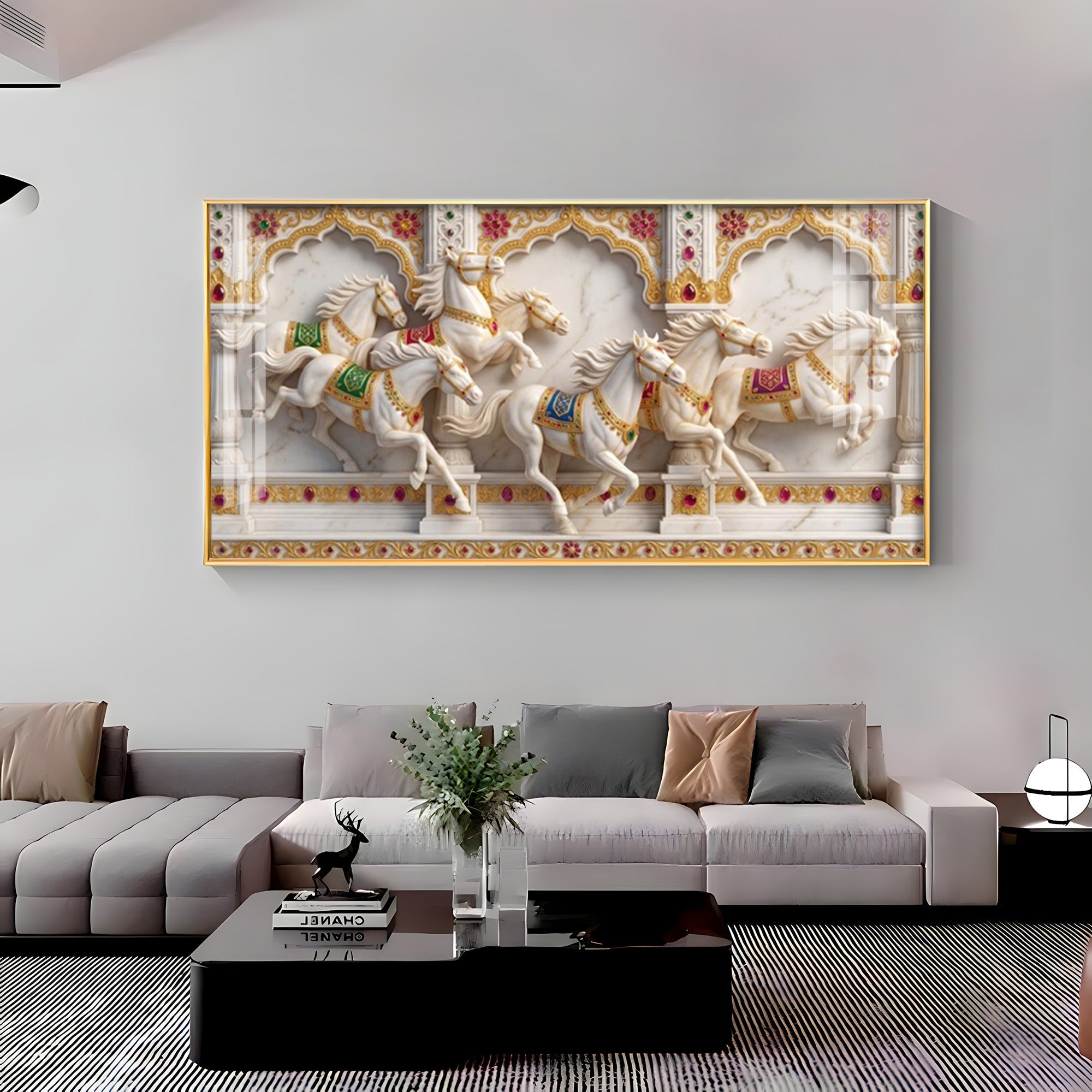 Seven White Horses Vastu Glass Finish Horizontal Wall Art