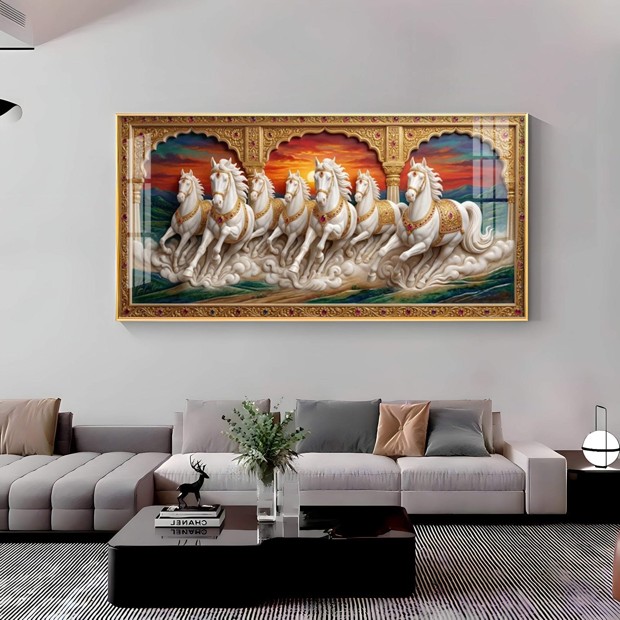 White Running Horses Vastu Glass Finish Horizontal Wall Art