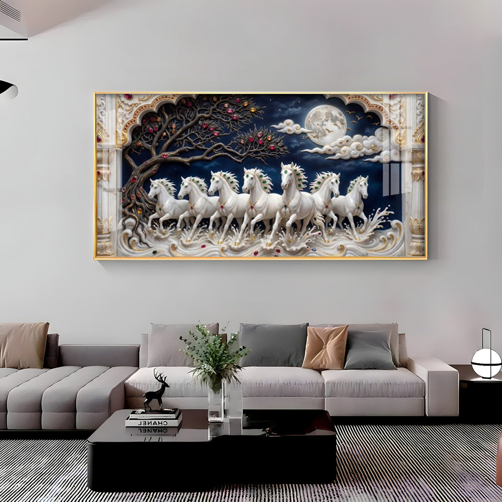 Beautiful Seven White Horses Vastu Glass Finish Horizontal Wall Art