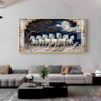 Beautiful Seven White Horses Vastu Glass Finish Horizontal Wall Art