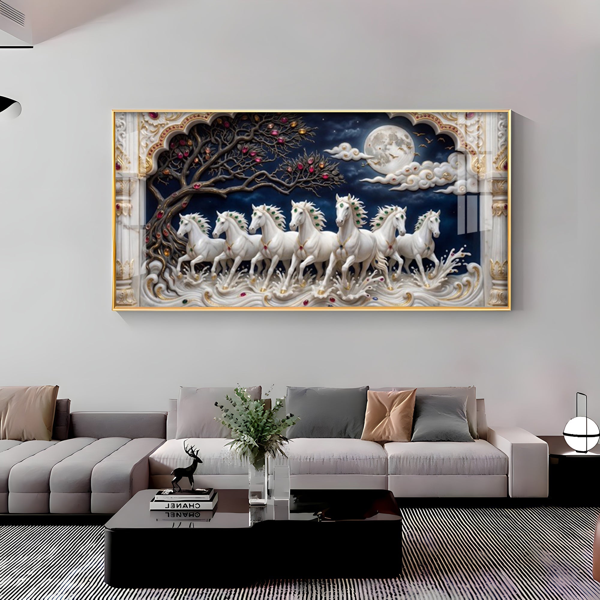Beautiful Seven White Horses Vastu Glass Finish Horizontal Wall Art
