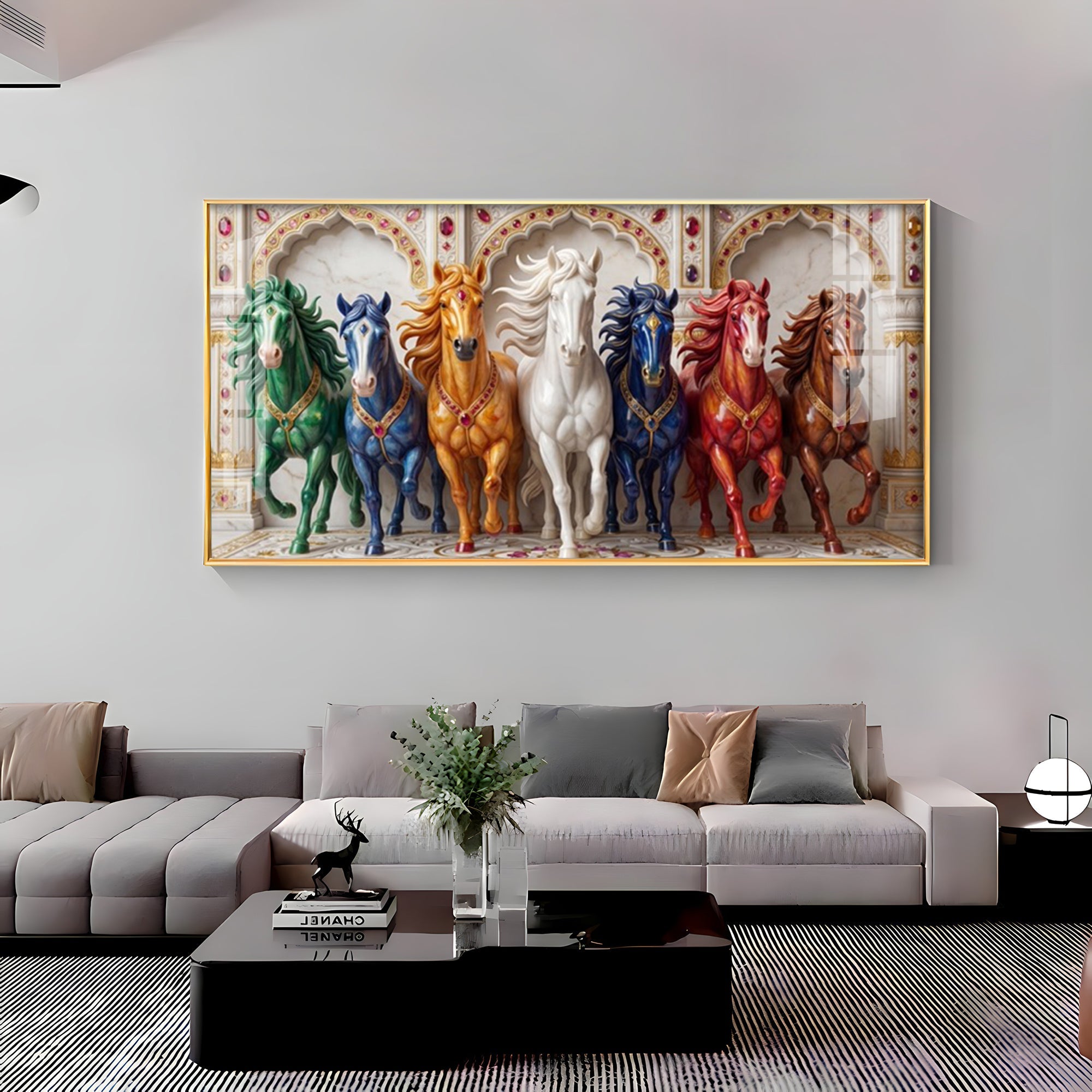 Seven Colorful Horses Vastu Glass Finish Horizontal Wall Art