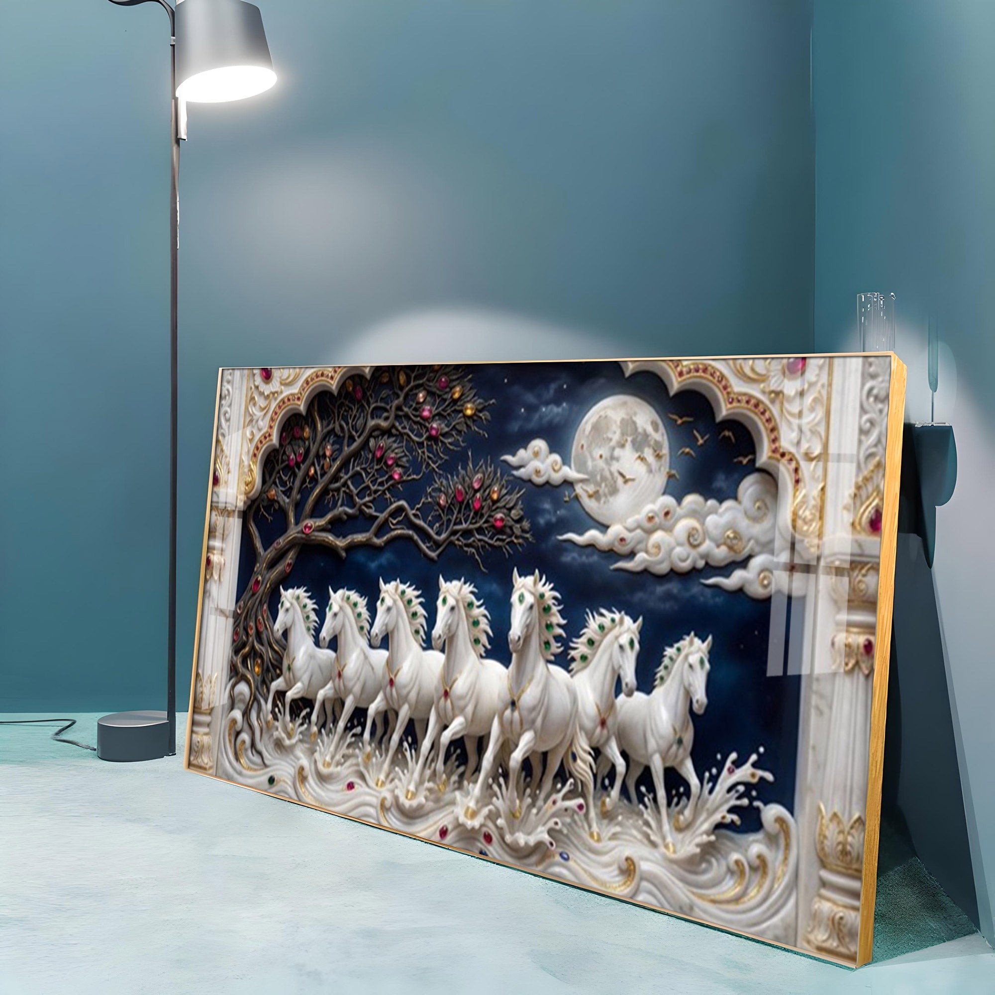 Beautiful Seven White Horses Vastu Glass Finish Horizontal Wall Art