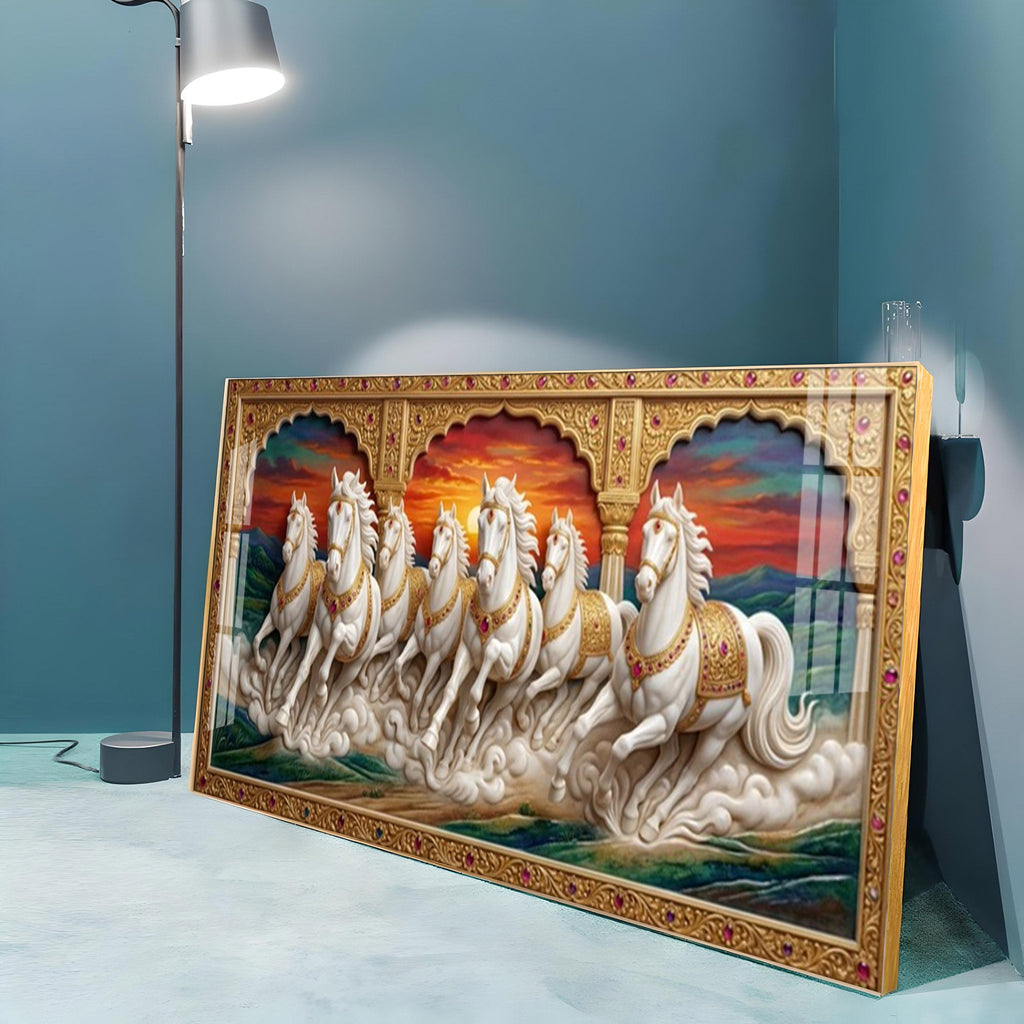 White Running Horses Vastu Glass Finish Horizontal Wall Art