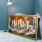 White Running Horses Vastu Glass Finish Horizontal Wall Art