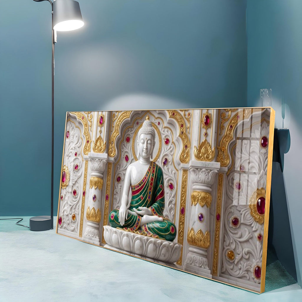 Buddha In Dhyan Mudra Glass Finish Horizontal Wall Art