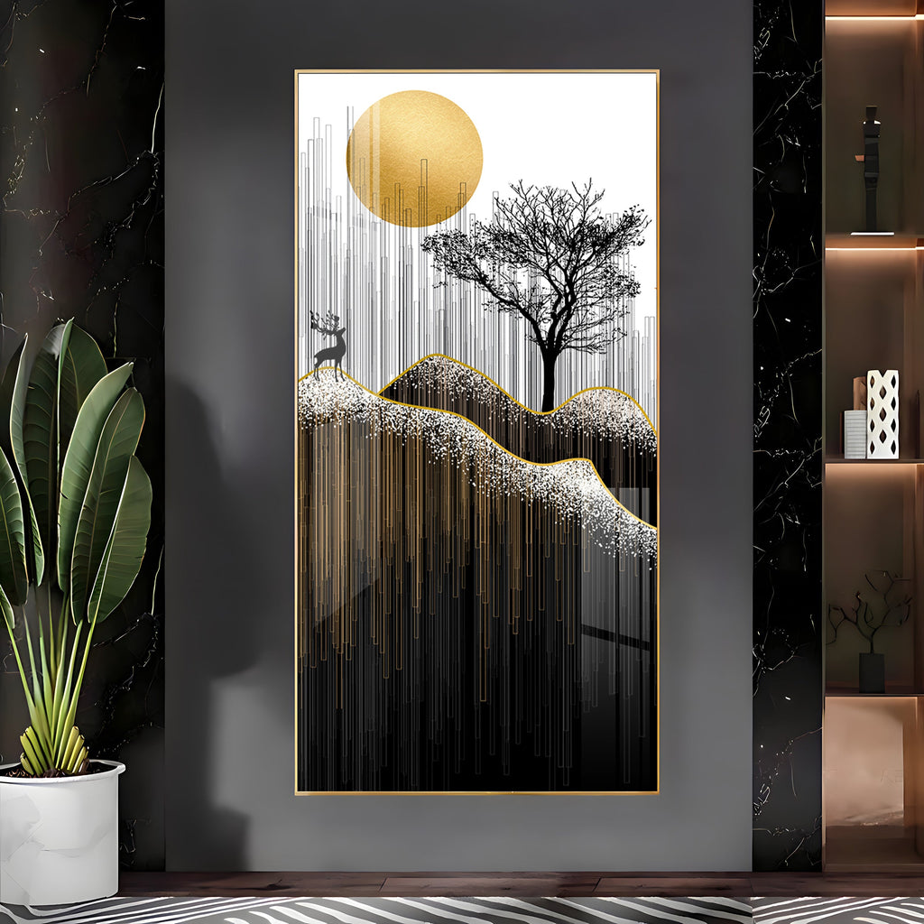 Gold Moon Stylized Black Tree Premium Acrylic Vertical Wall Art