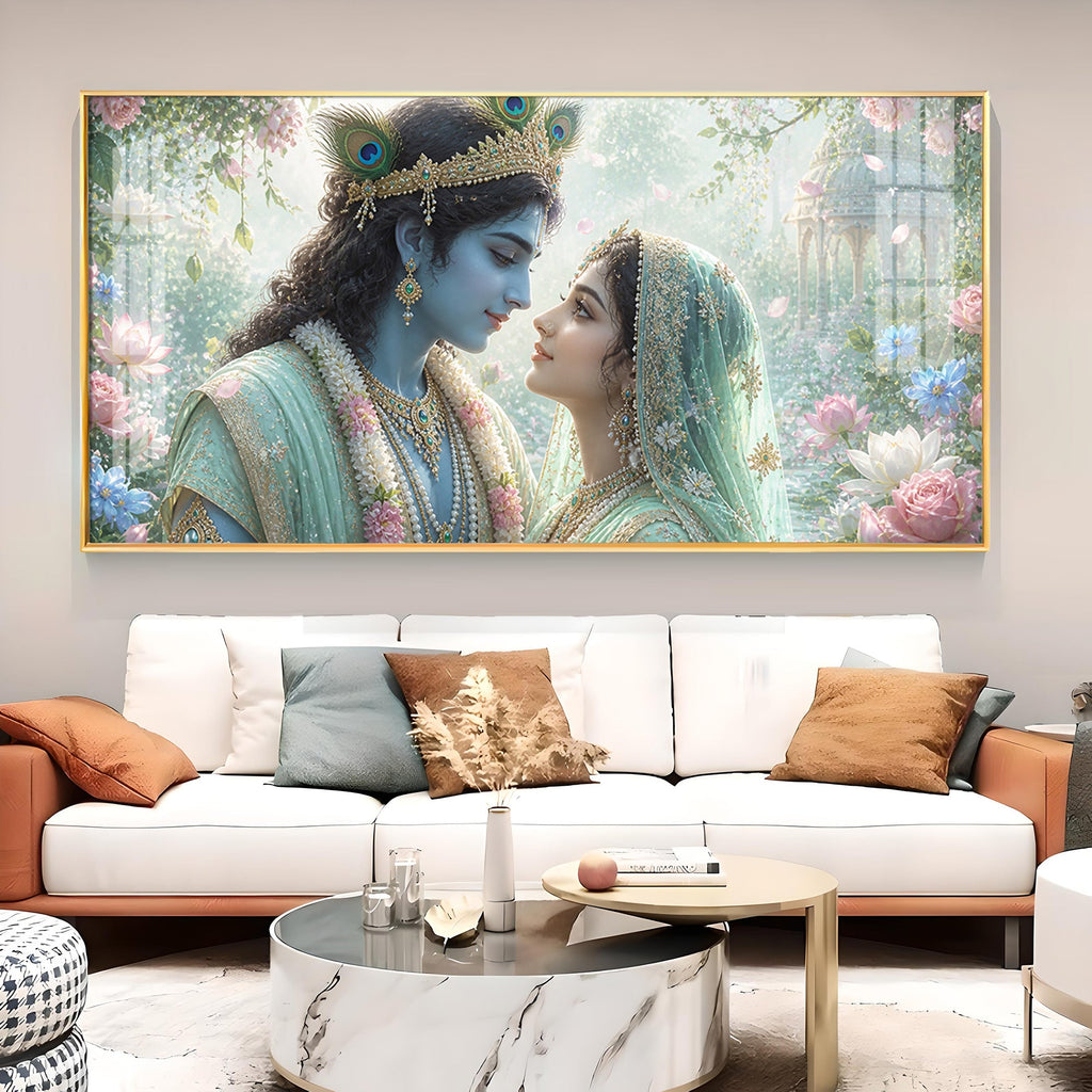 God Radha Krishna Glass Finish Horizontal Wall Art