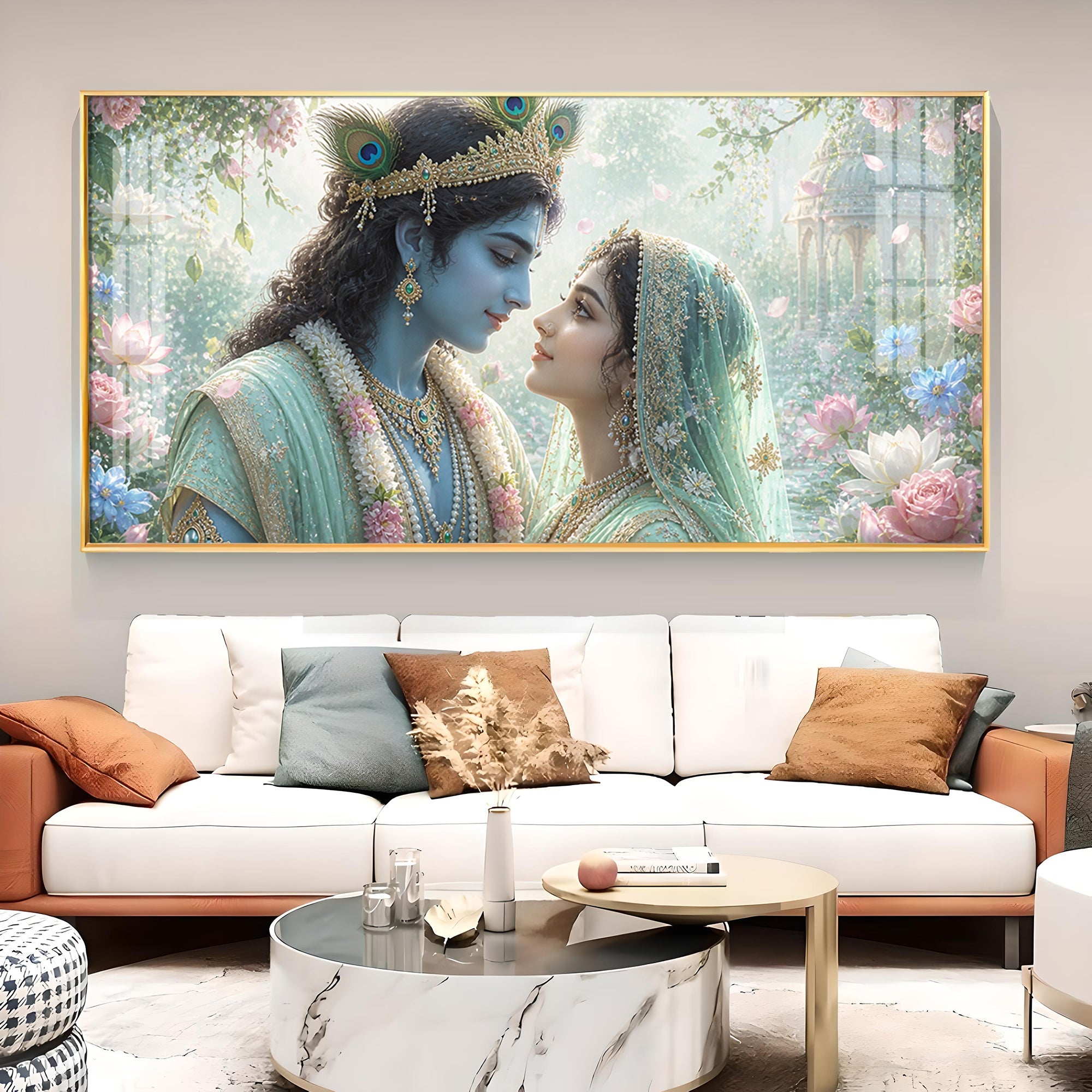 God Radha Krishna Glass Finish Horizontal Wall Art