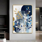 Colourfull Leaves Against Blue & Gold Circles Premium Acrylic Vertical Wall Art