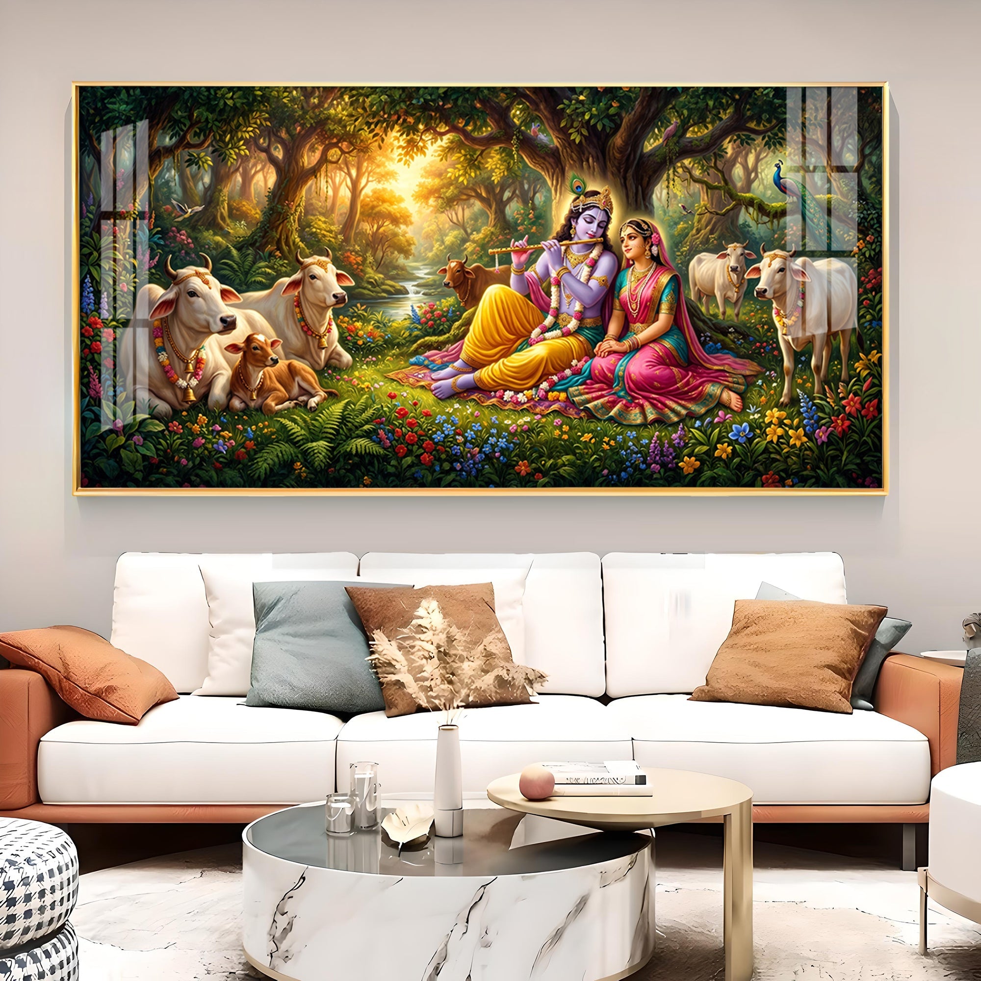 Radha and Krishna In Serene Forest Glass Finish Horizontal Wall Art
