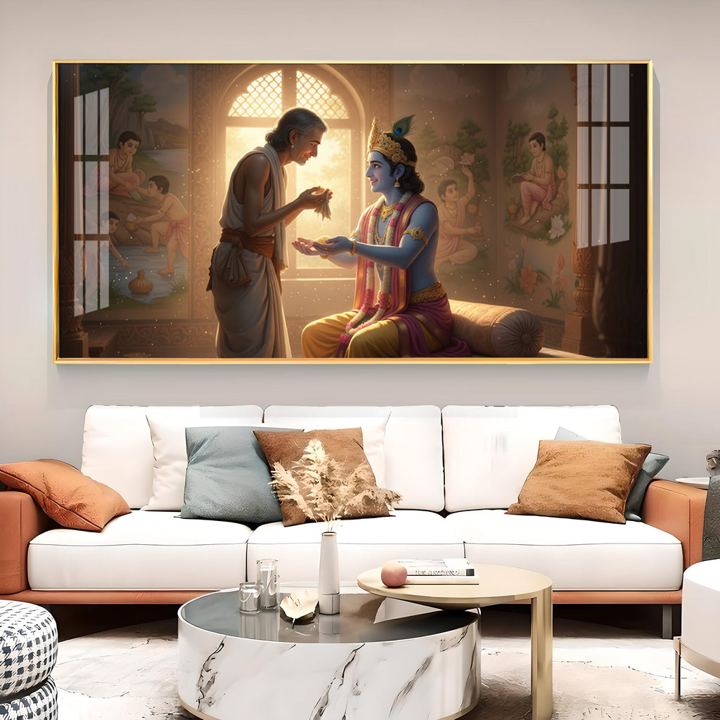 Shree Krishna With Sudama Ji Glass Finish Horizontal Wall Art