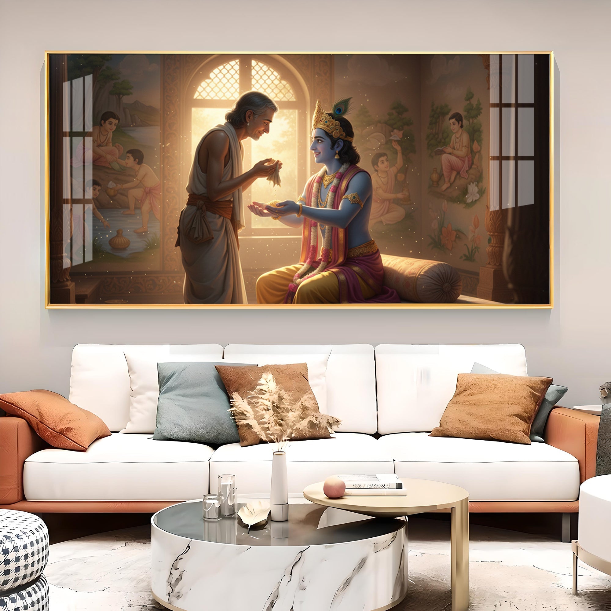 Shree Krishna With Sudama Ji Glass Finish Horizontal Wall Art