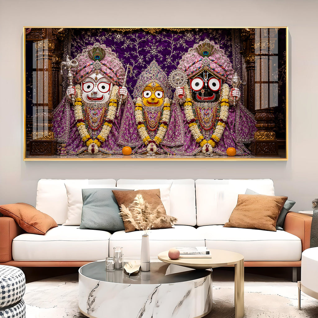 Hindu Deities Lord Jagannath, Subhadra & Balabhadra Glass Finish Horizontal Wall Art
