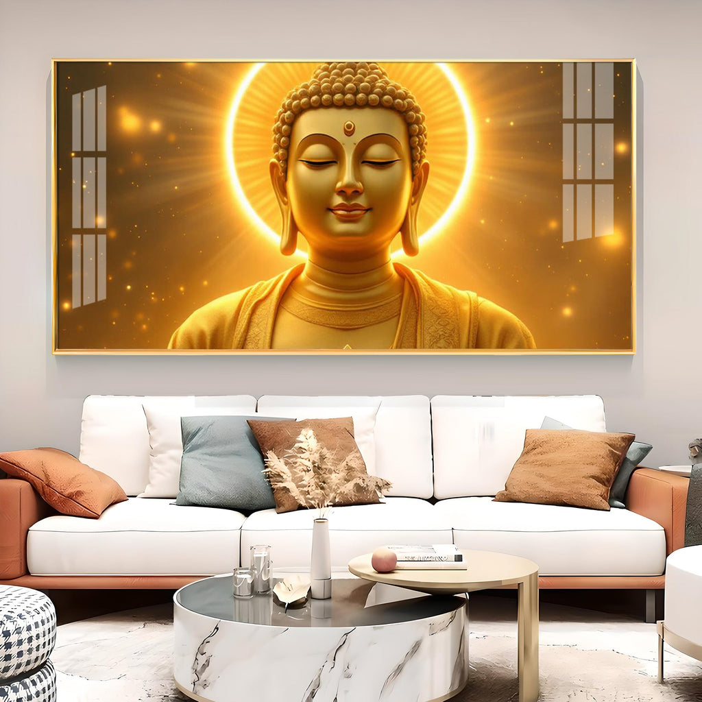 Divine Golden Buddha Glass Finish Horizontal Wall Art
