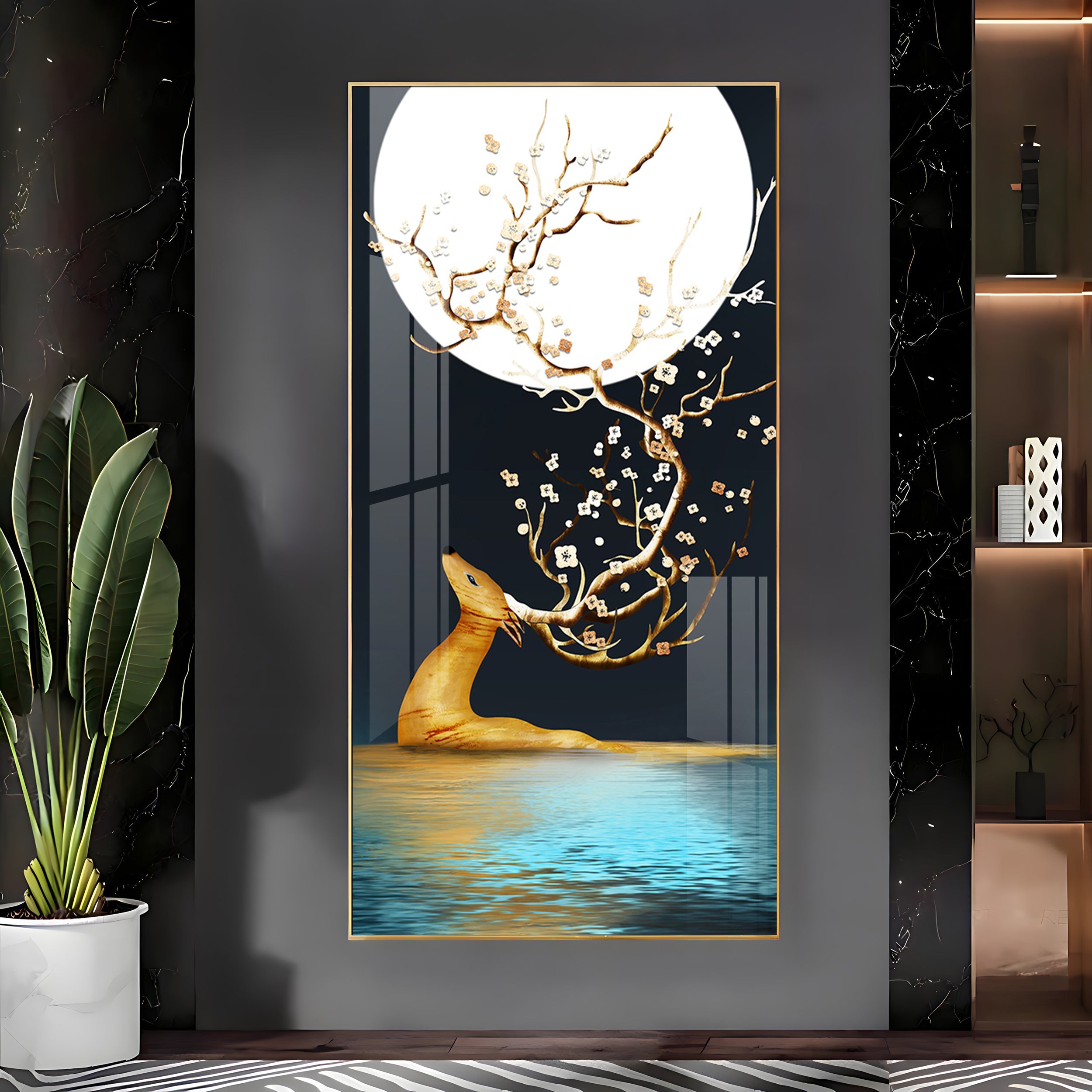 Golden Deer With Full Moon Premium Acrylic Vertical Wall Art