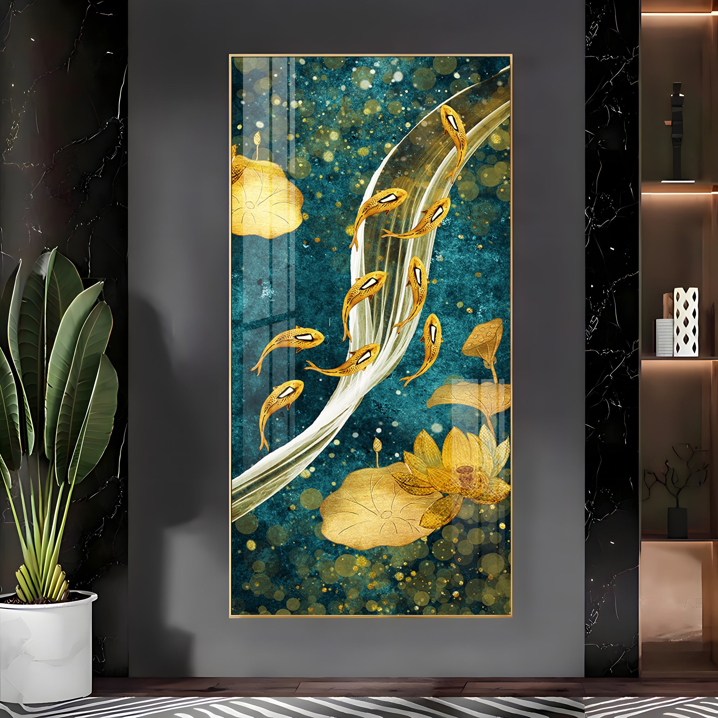 Modern Golden Koi Fish & Lotus Premium Acrylic Vertical Wall Art