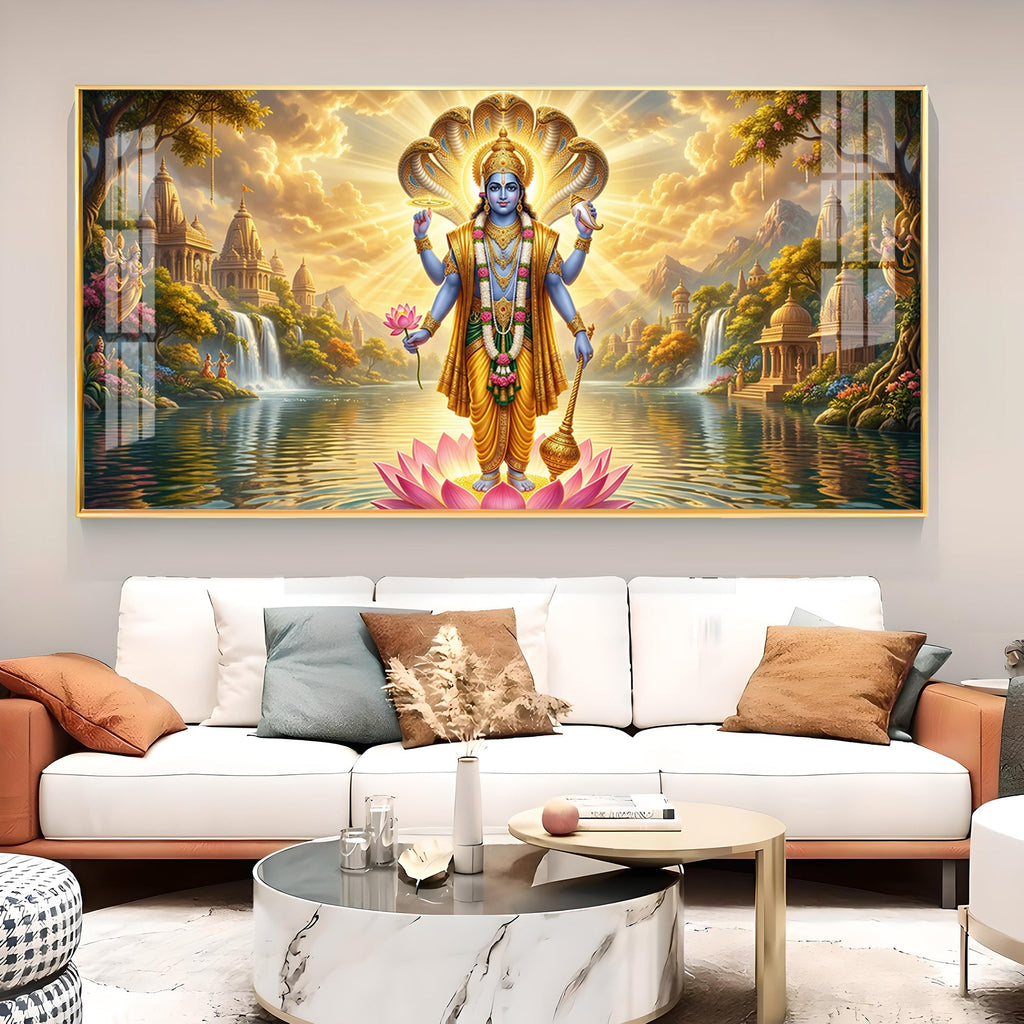 Lord Vishnu Glass Finish Horizontal Wall Art