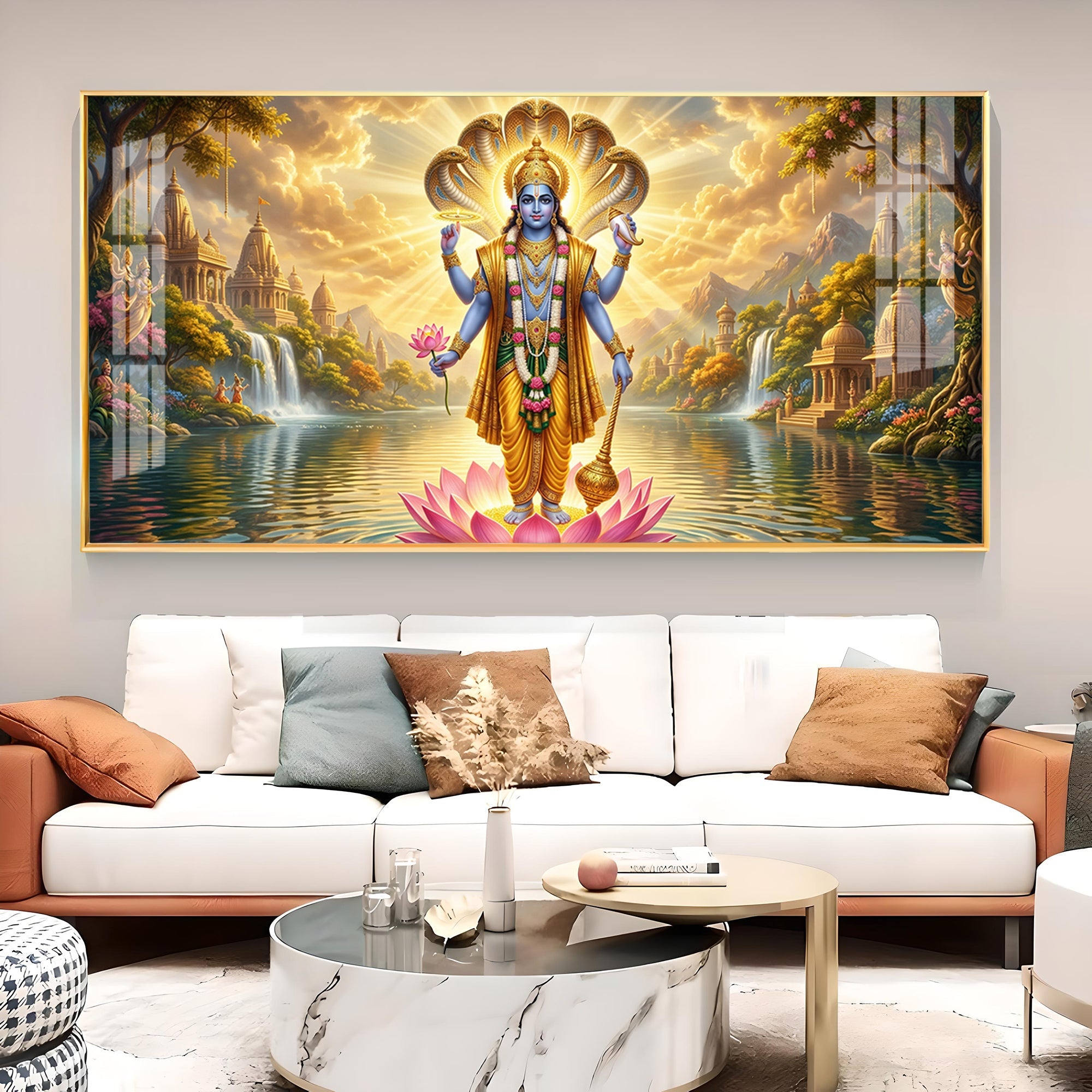 Lord Vishnu Glass Finish Horizontal Wall Art