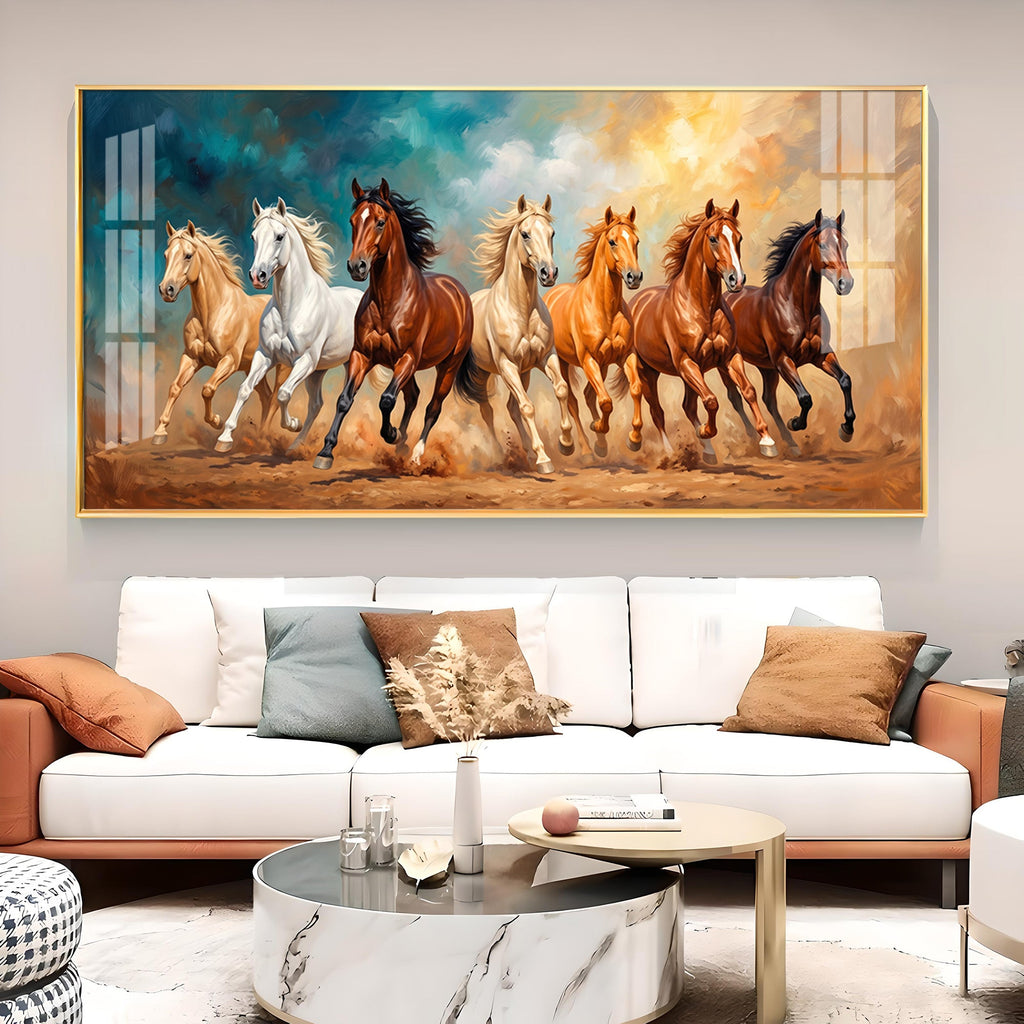 Running Horses Brown & White Glass Finish Horizontal Wall Art