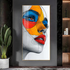 Vibrant Geometric Mask Girl Premium Acrylic Vertical Wall Art