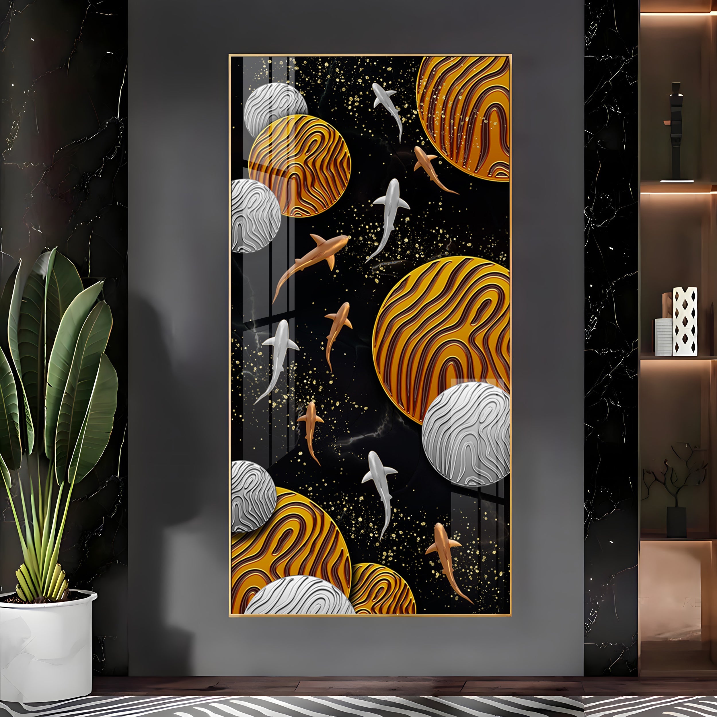 Circular Shapes With Fish Premium Acrylic Vertical Wall Art