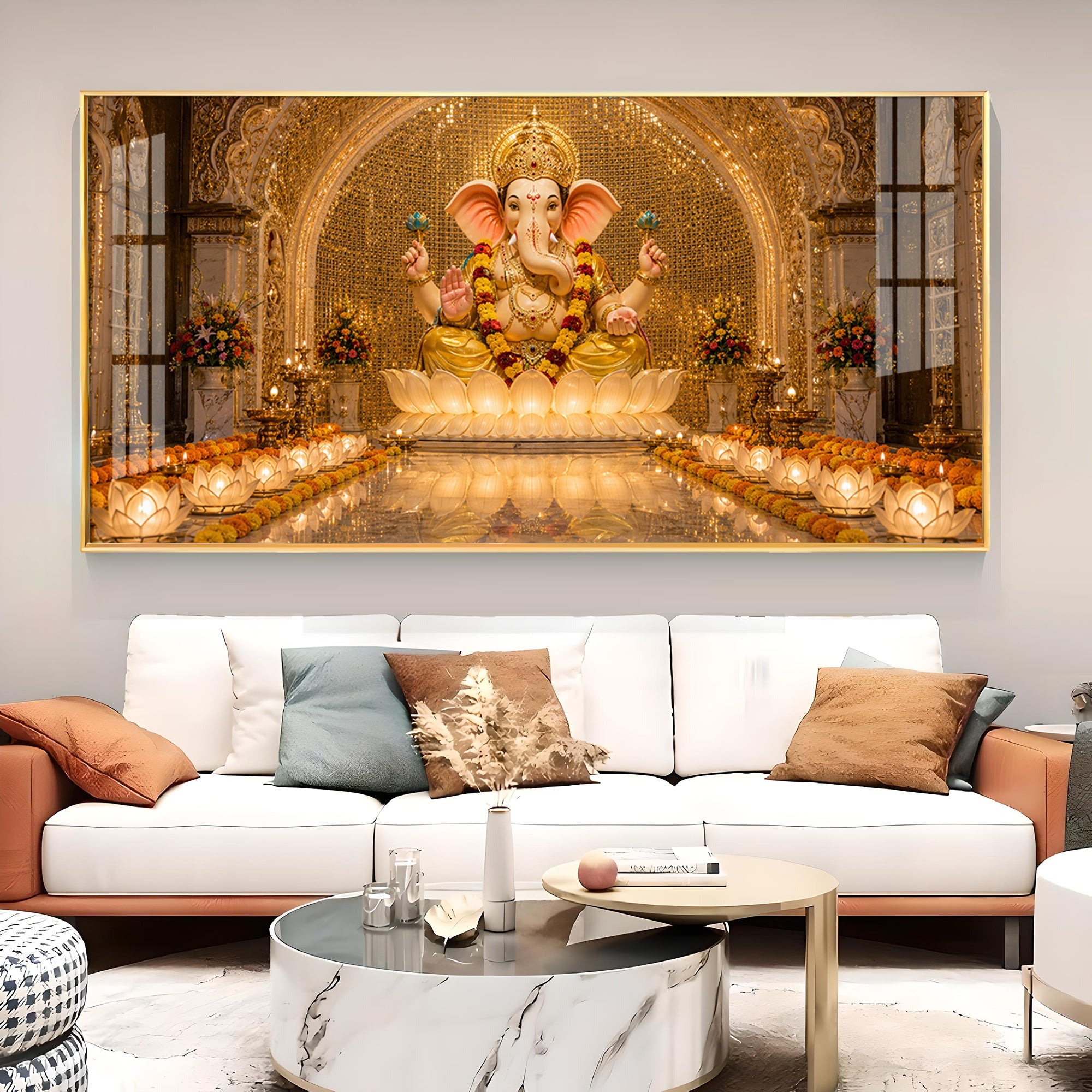 Lord Ganesha In A Golden Temple Glass Finish Horizontal Wall Art