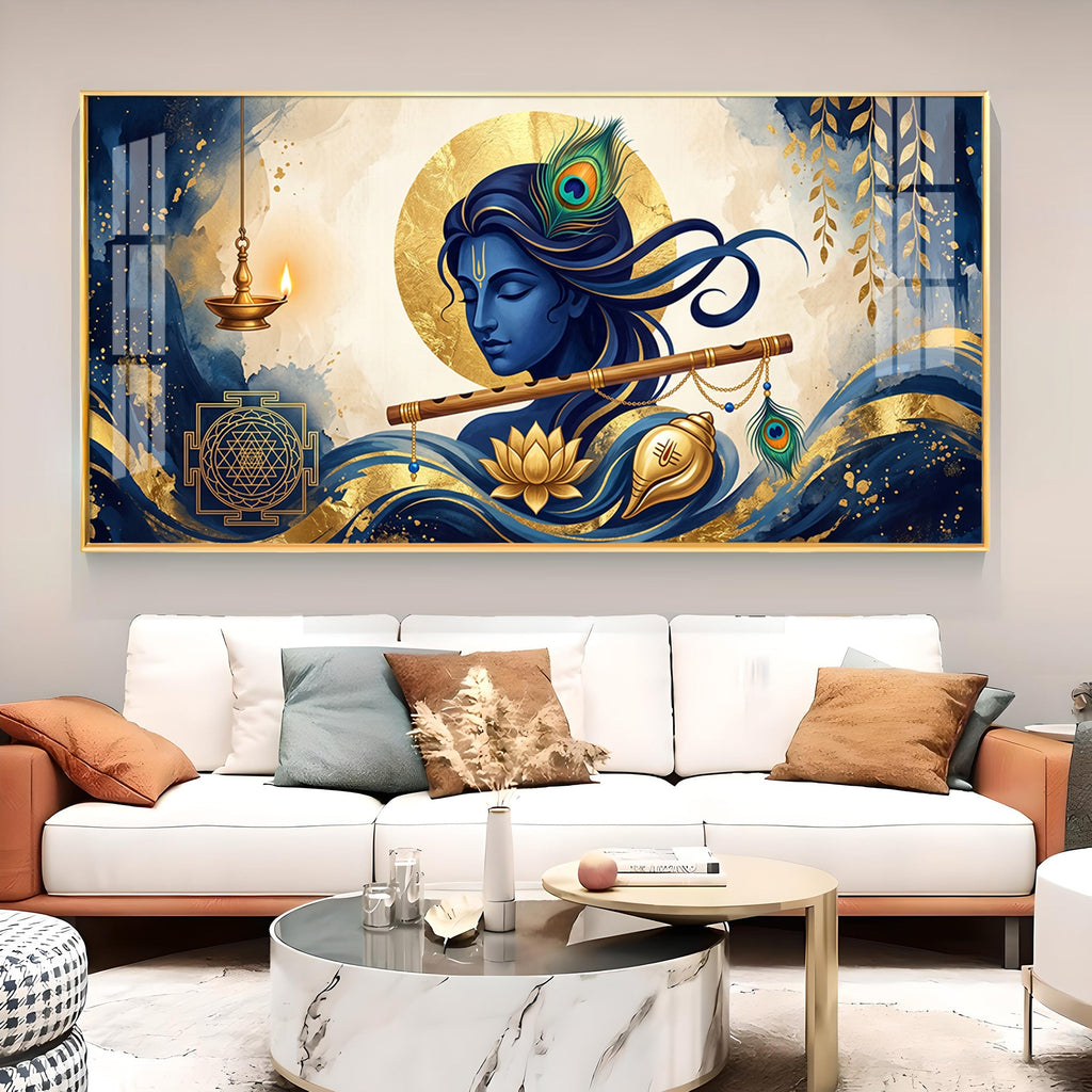 Lord Krishna With Yantra Glass Finish Horizontal Wall Art
