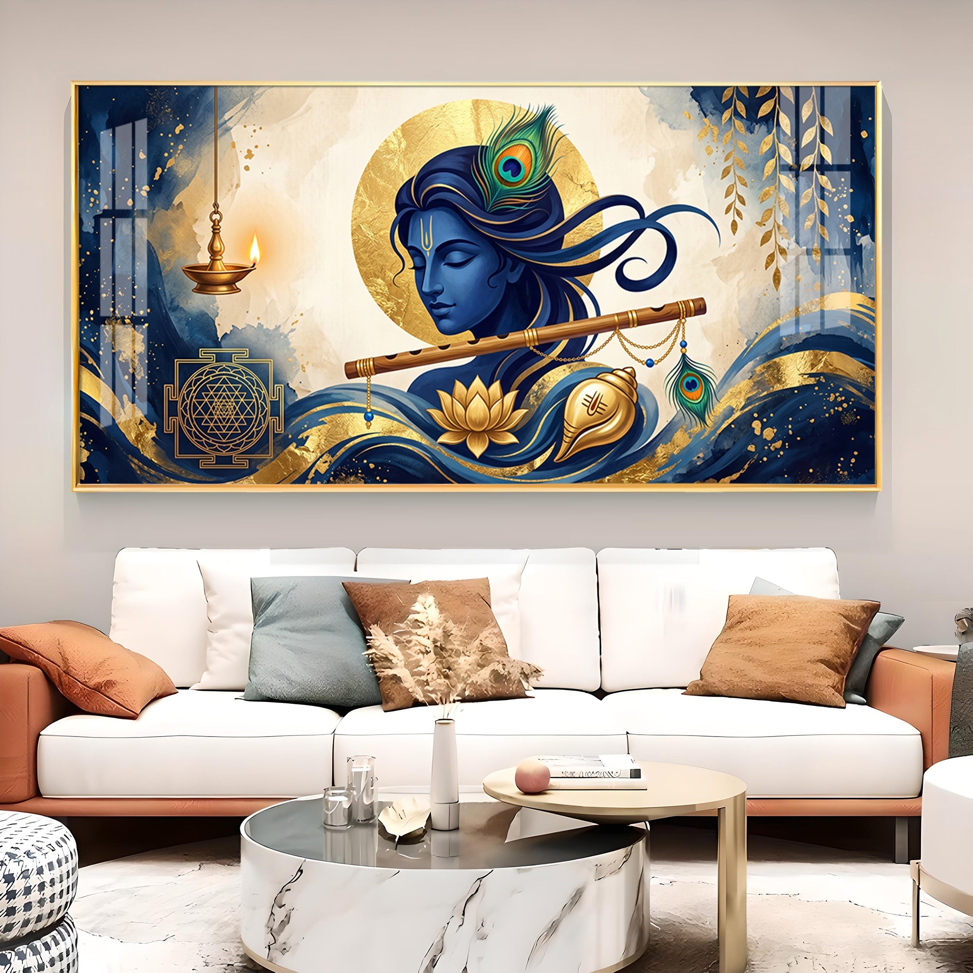 Lord Krishna With Yantra Glass Finish Horizontal Wall Art