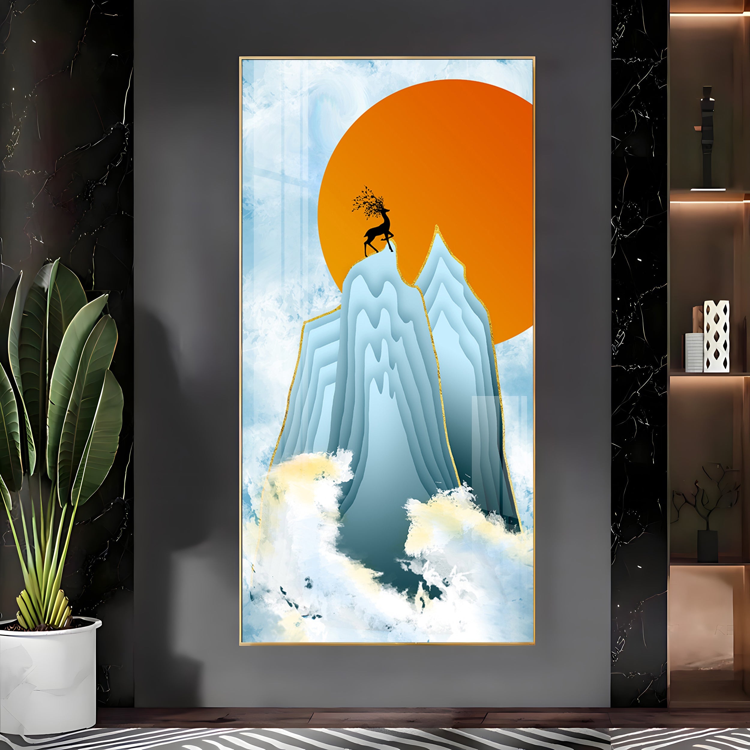 Black Deer On Mountains Premium Acrylic Vertical Wall Art
