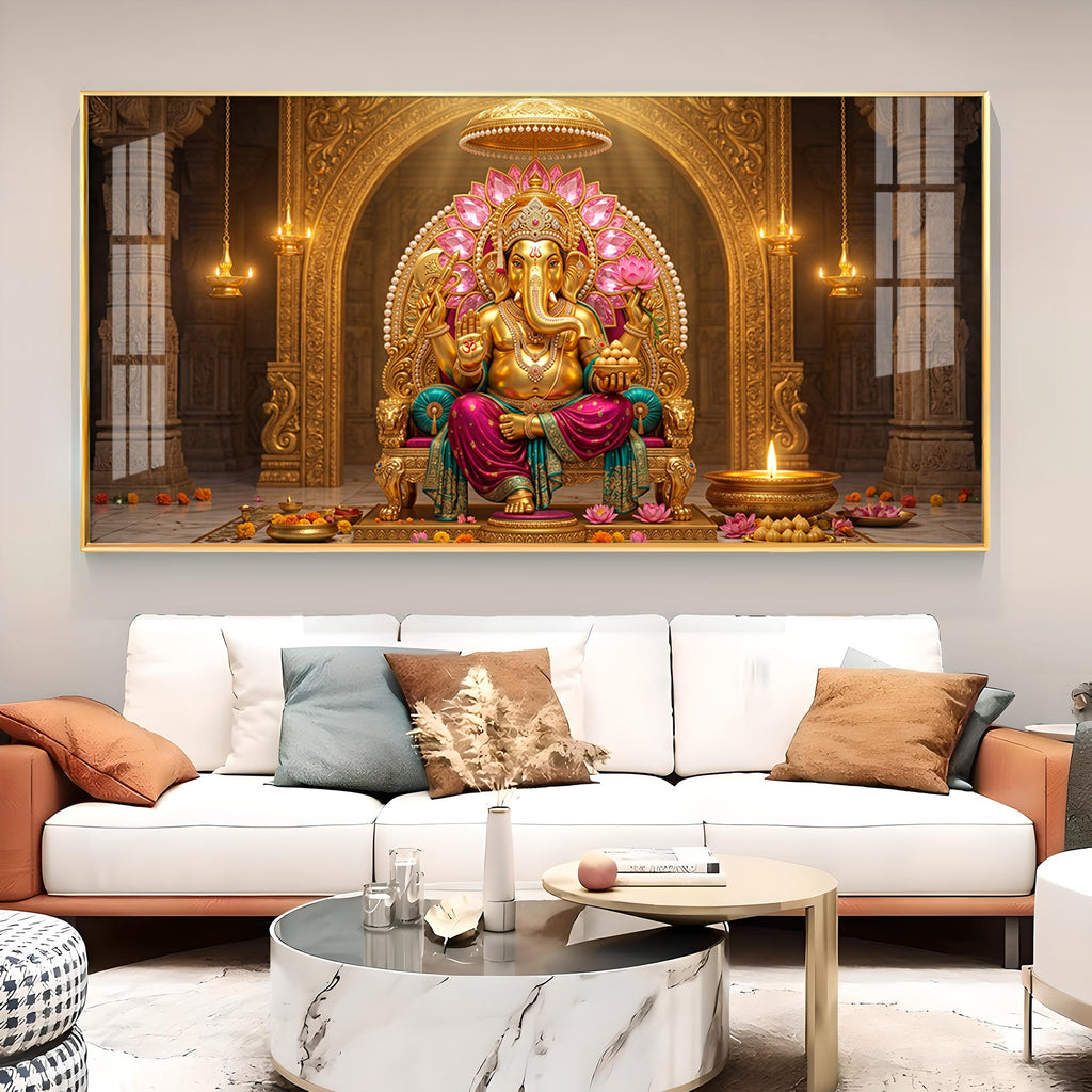 Hindu Lord Ganesha Glass Finish Horizontal Wall Art