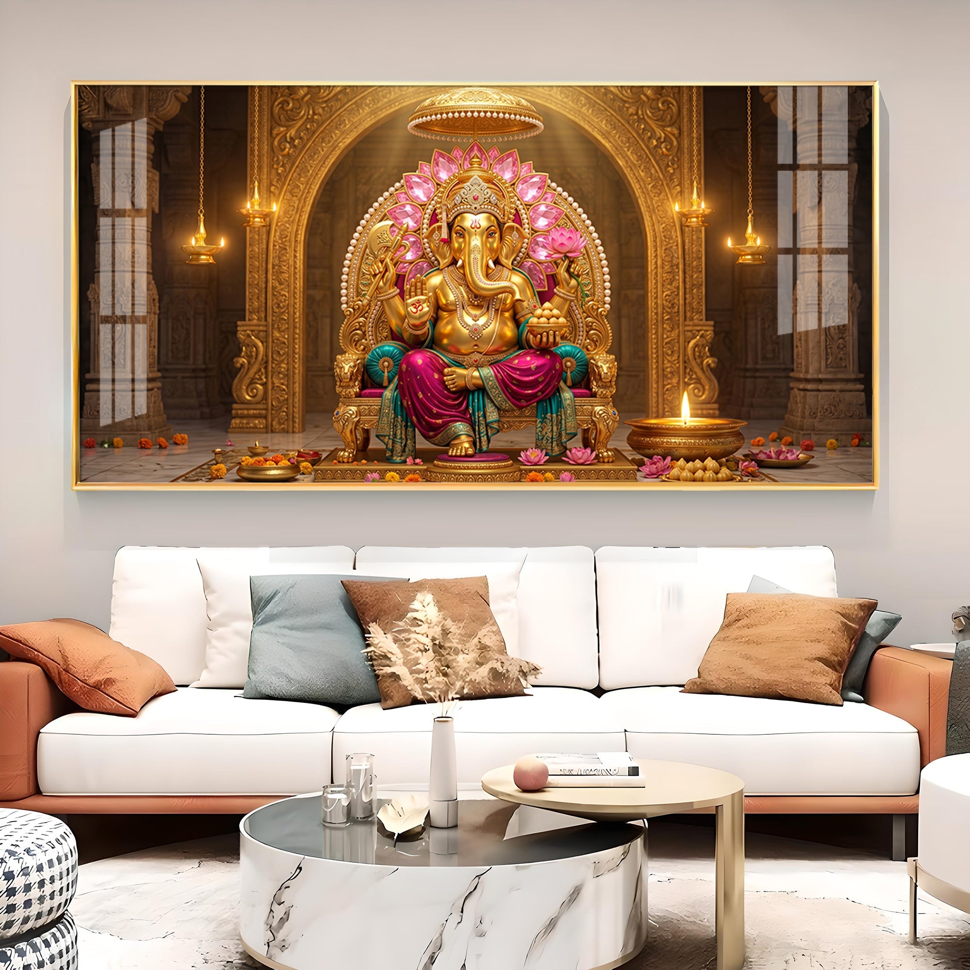 Hindu Lord Ganesha Glass Finish Horizontal Wall Art