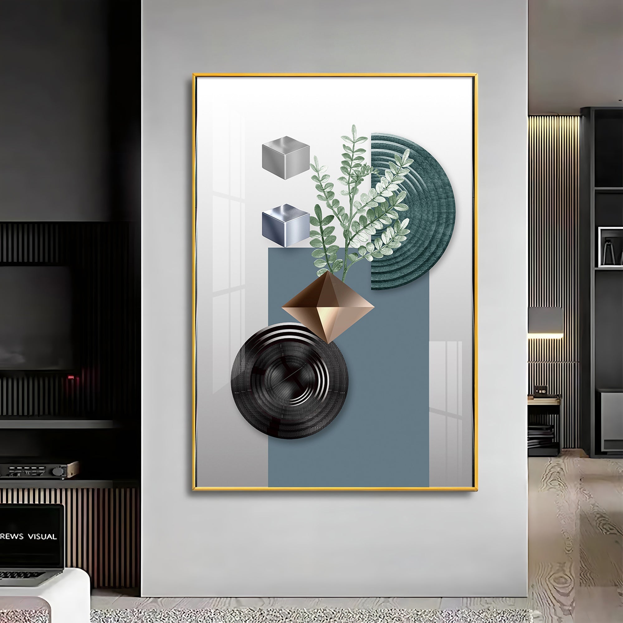 Geometric Art With Leafs Premium Acrylic Vertical Wall Art