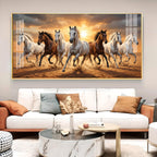 Running Horses In A Golden Sunset Glass Finish Horizontal Wall Art