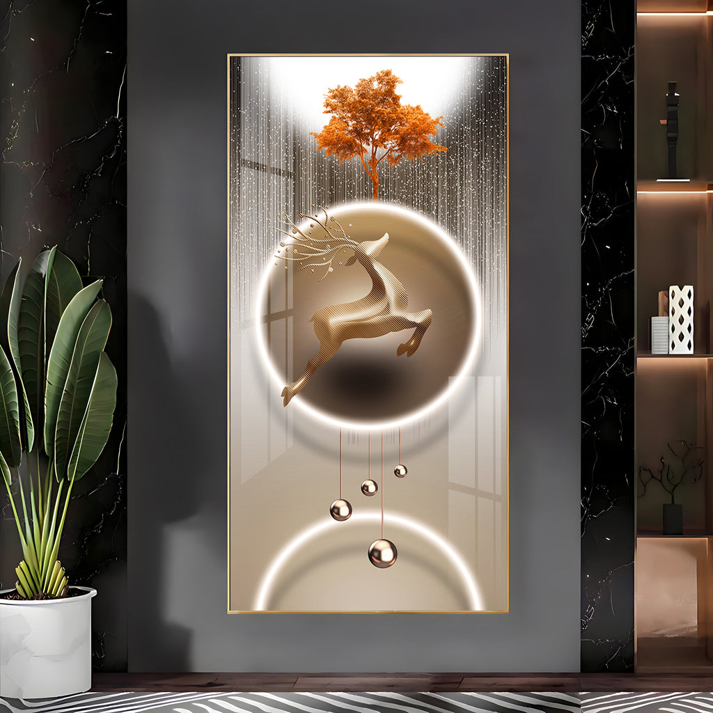 Golden Deer With Orange Tree Premium Acrylic Vertical Wall Art