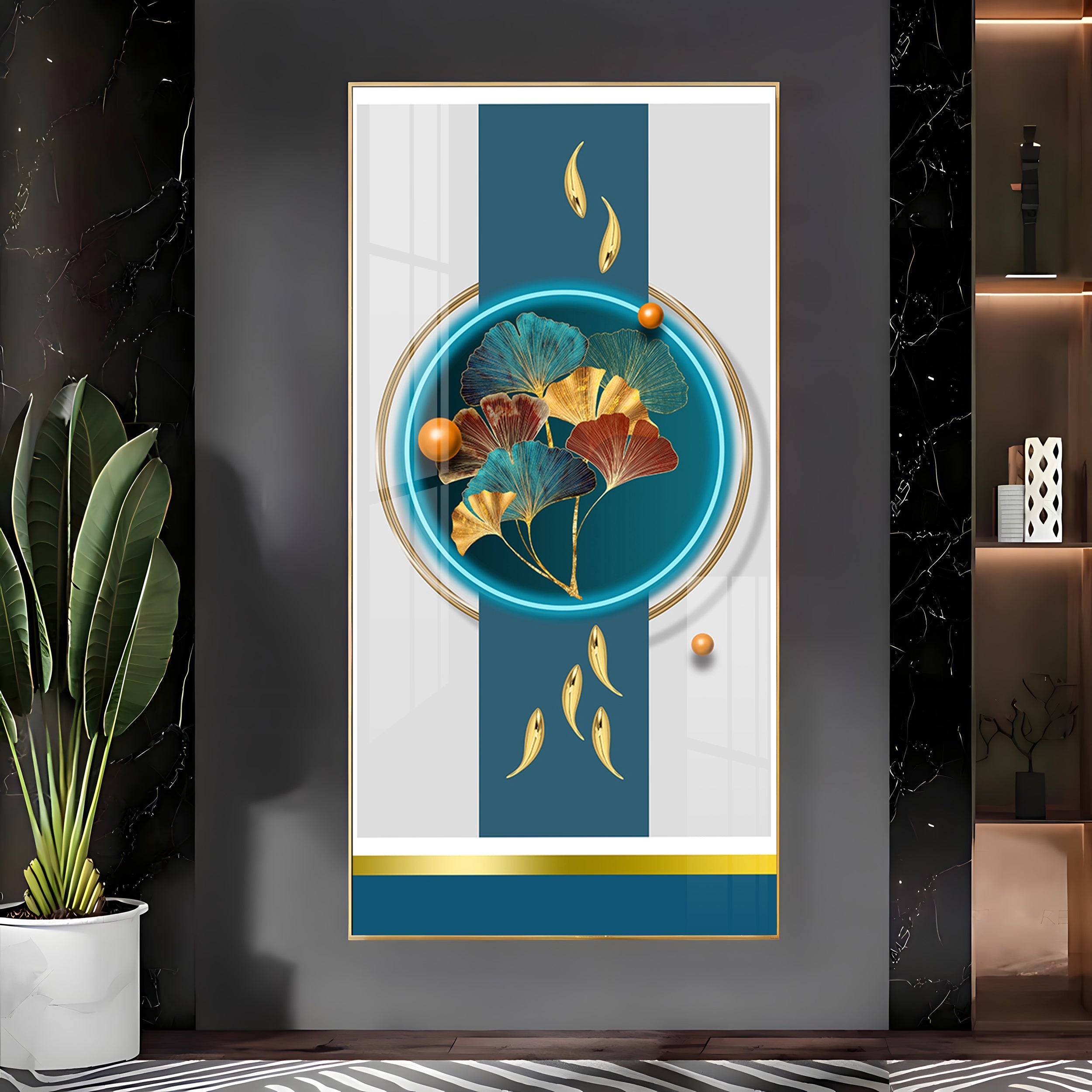 Gold Fish  With Ginkgo Leaf Premium Acrylic Vertical Wall Art