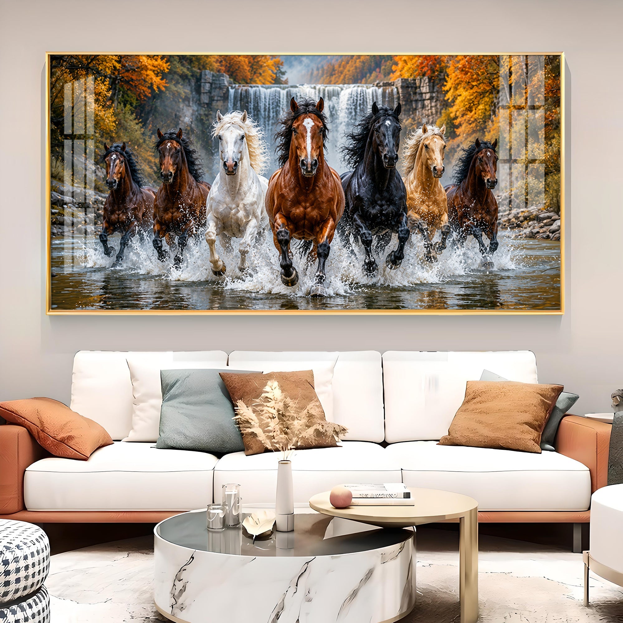Seven-Horse Running Glass Finish Horizontal Wall Art