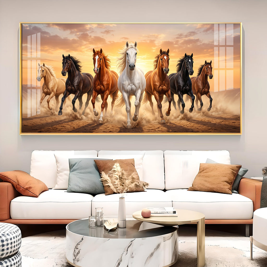 Seven Running Horse Vastu Glass Finish Horizontal Wall Art