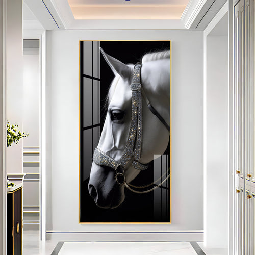White Horse With Black Background Premium Acrylic Vertical Wall Art