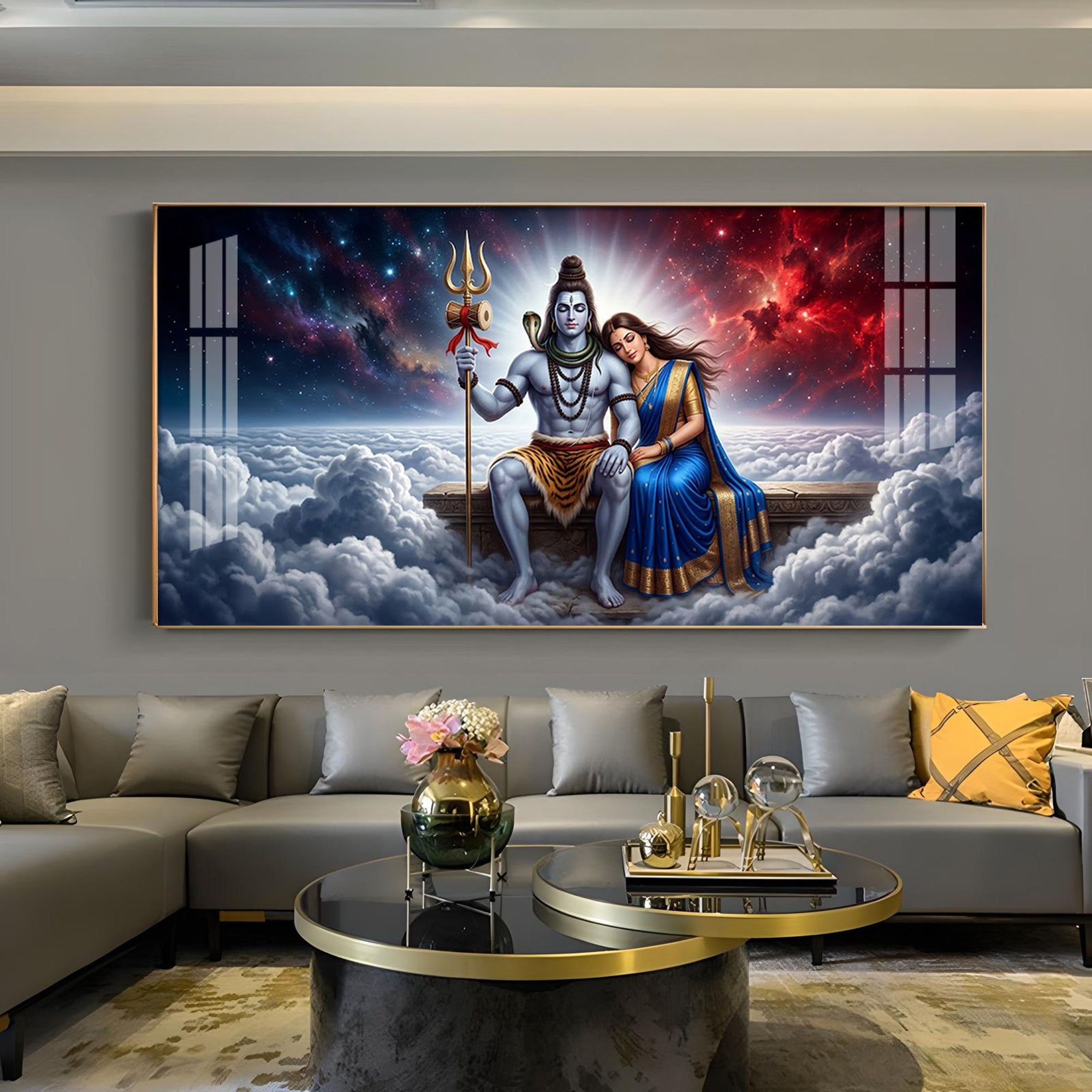 Depicts Lord Shiva & Goddess Parvati Glass Finish Horizontal Wall Art