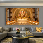 Lord Ganesha In A Golden Temple Glass Finish Horizontal Wall Art