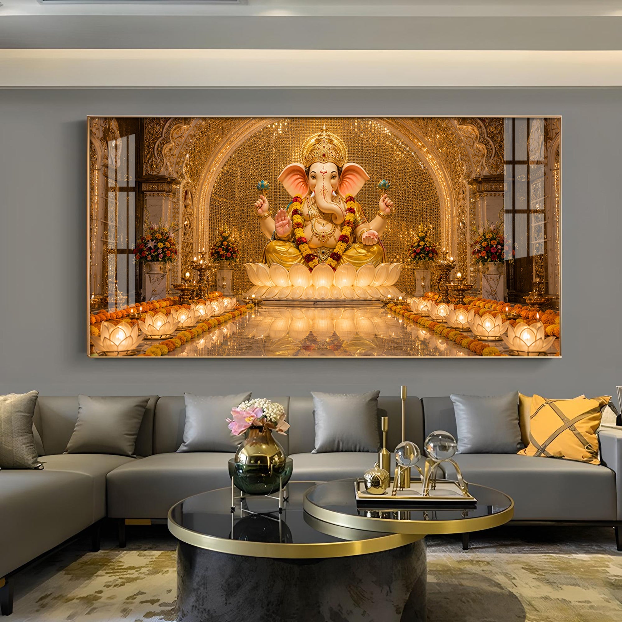 Lord Ganesha In A Golden Temple Glass Finish Horizontal Wall Art
