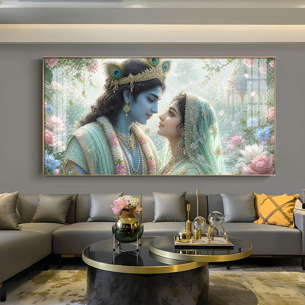 God Radha Krishna Glass Finish Horizontal Wall Art