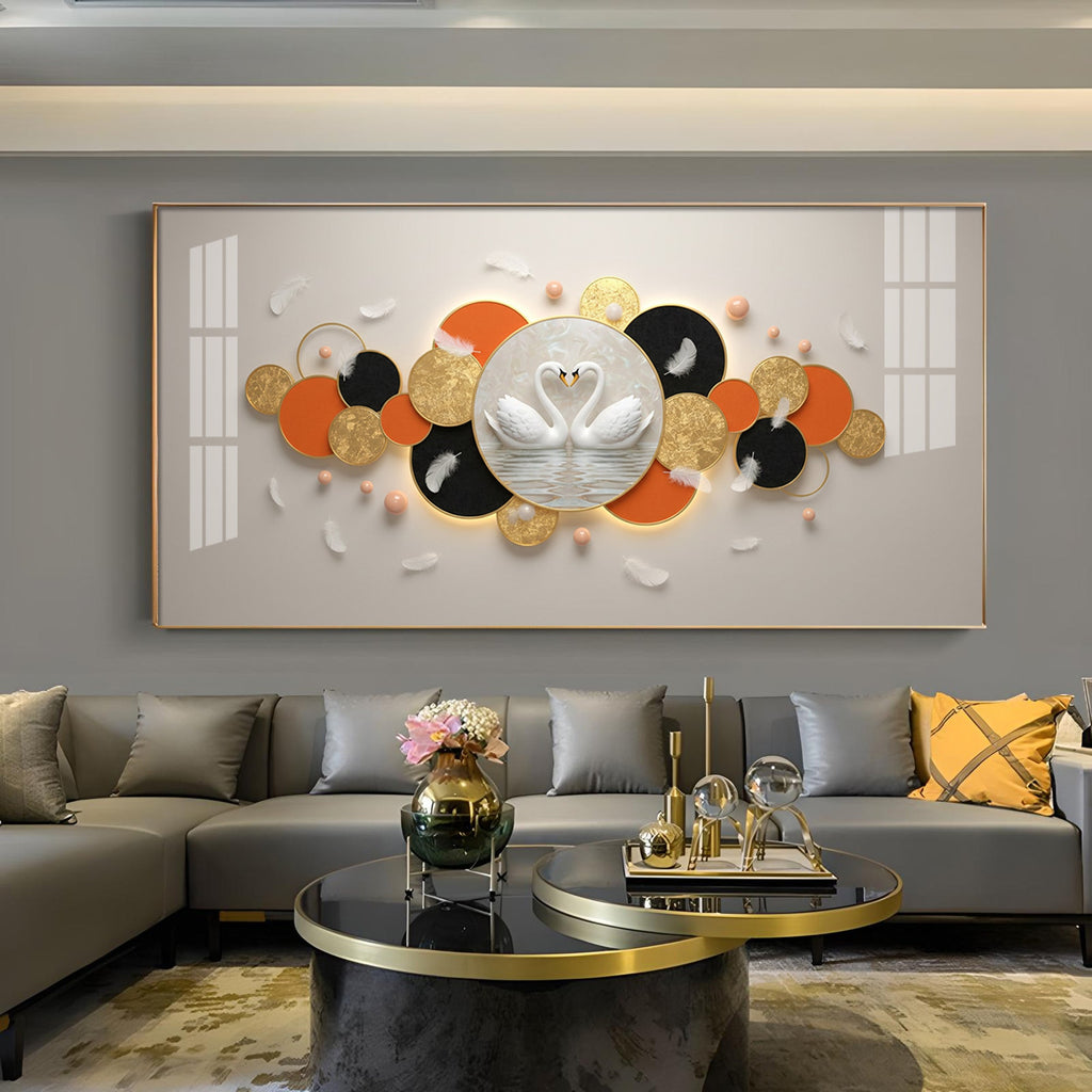 Pair Of White Swan Glass Finish Horizontal Wall Art