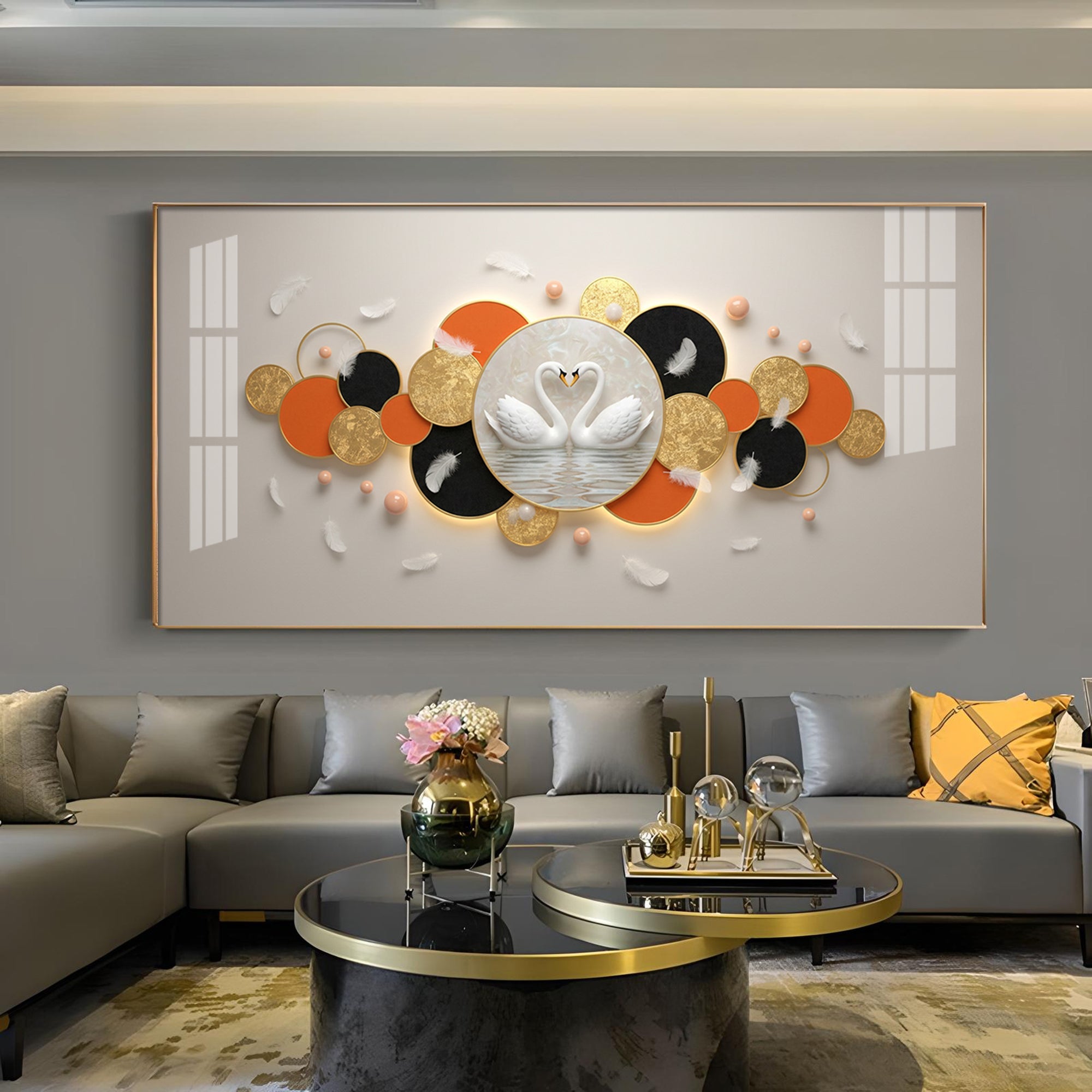 Pair Of White Swan Glass Finish Horizontal Wall Art