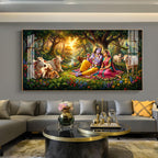 Radha and Krishna In Serene Forest Glass Finish Horizontal Wall Art