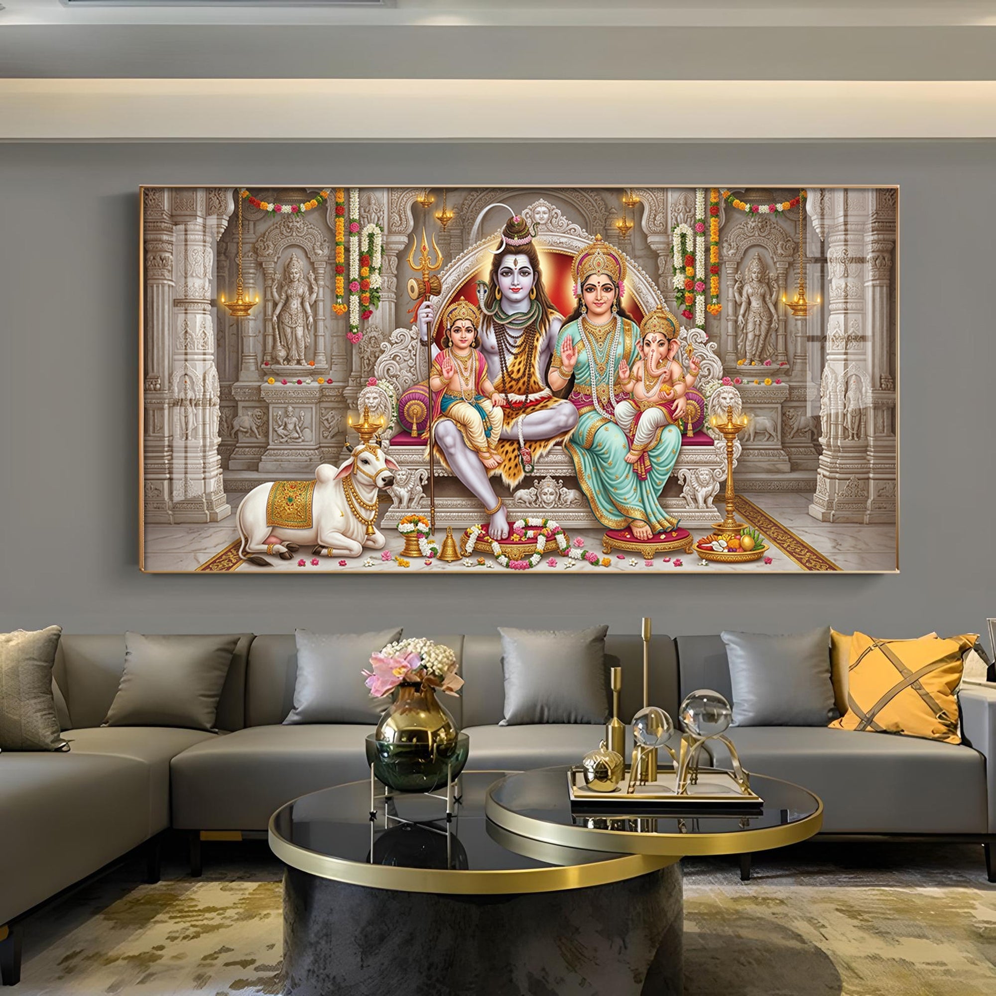 Shiv Parivar Glass Finish Horizontal Wall Art