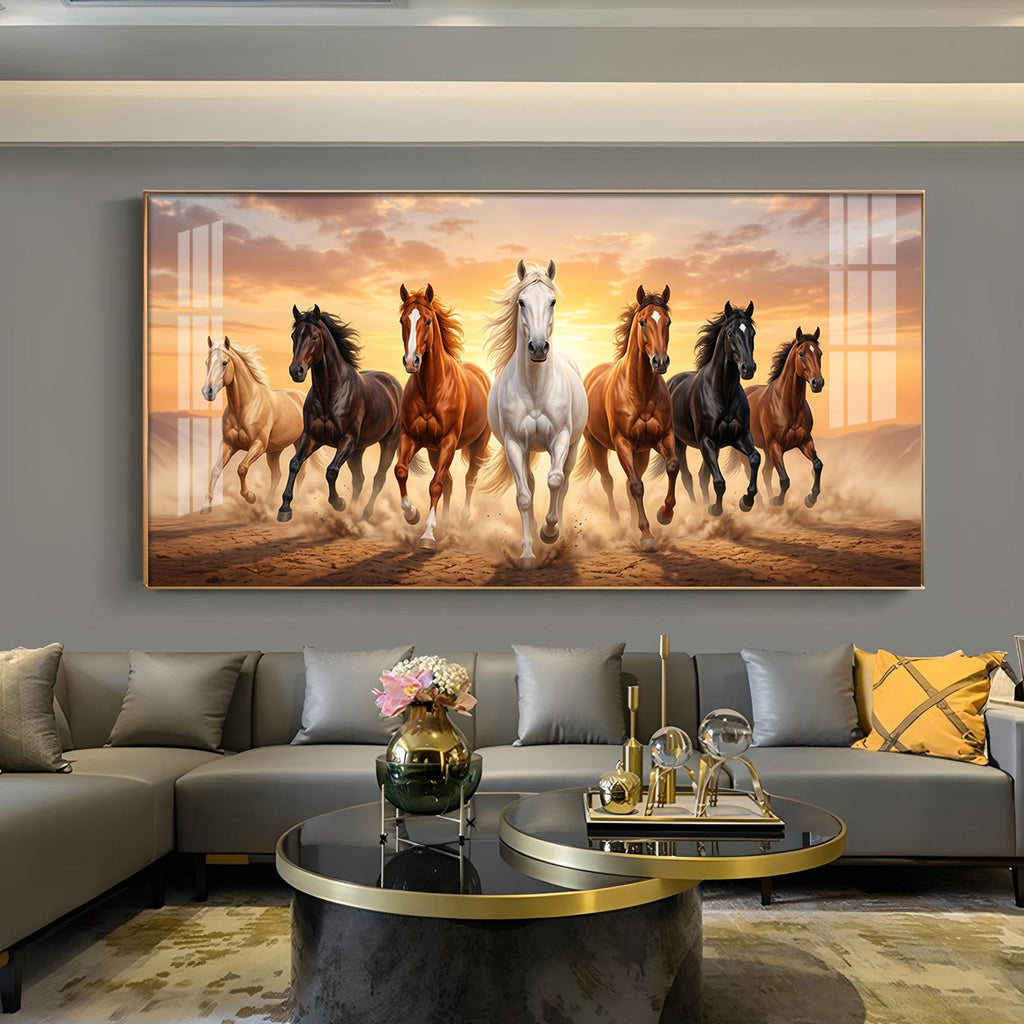 Seven Running Horse Vastu Glass Finish Horizontal Wall Art