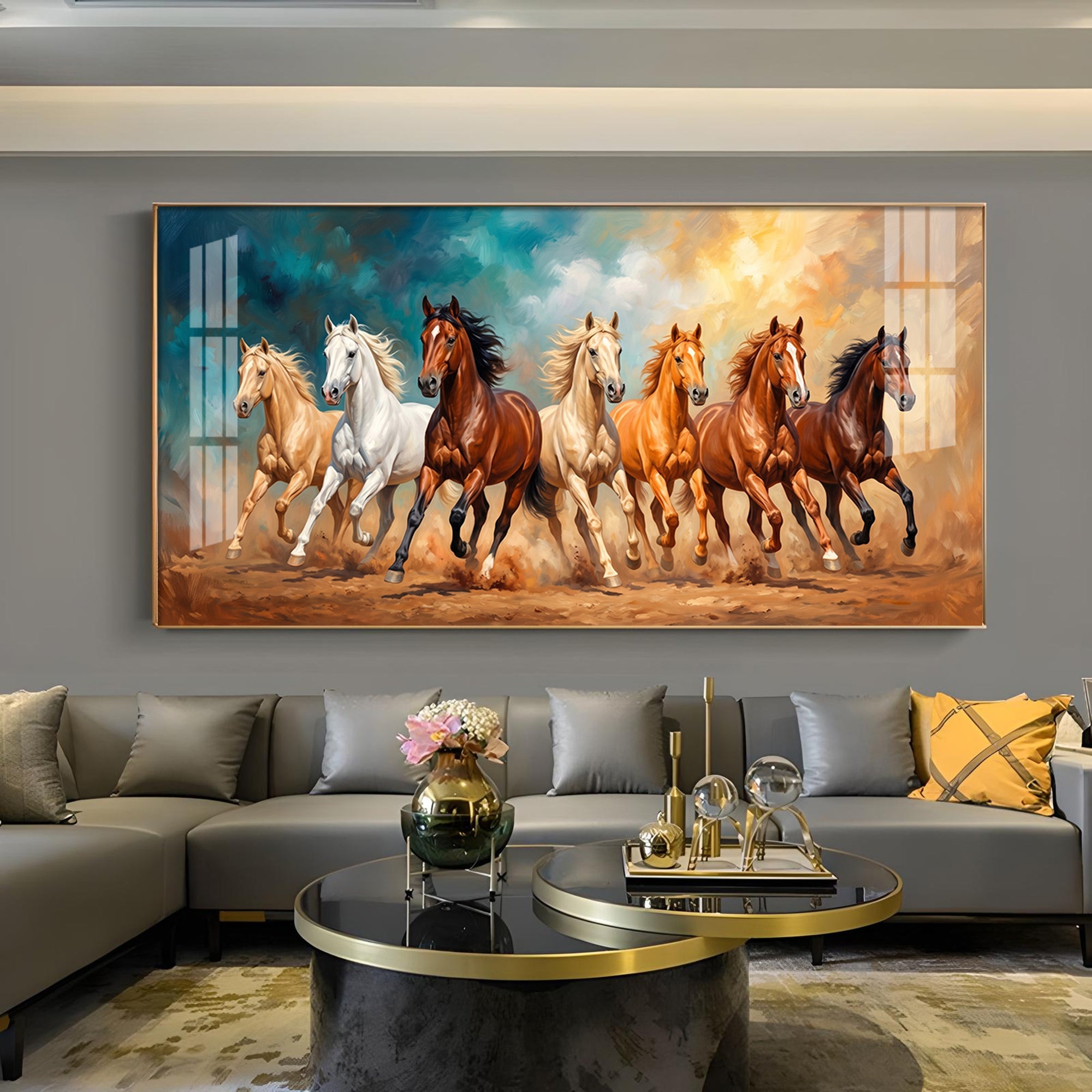Running Horses Brown & White Glass Finish Horizontal Wall Art